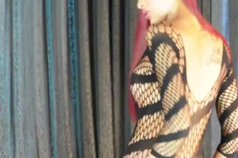 Pi Ladyboy In Fishnets cum On Hands