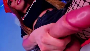 sexy lady-man In Fishnets Wanks Her Hard weenie